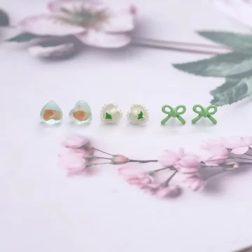 蝴蝶結小花愛心×三套件耳環組×綠色.avif