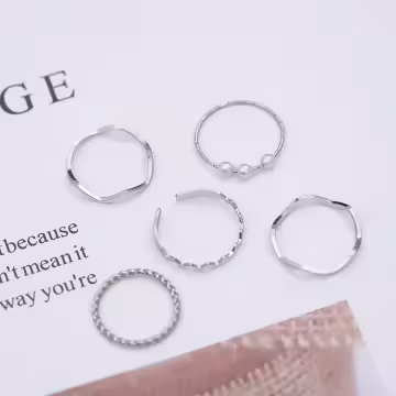 三顆珍珠波紋麻花×五套件戒指組×銀色