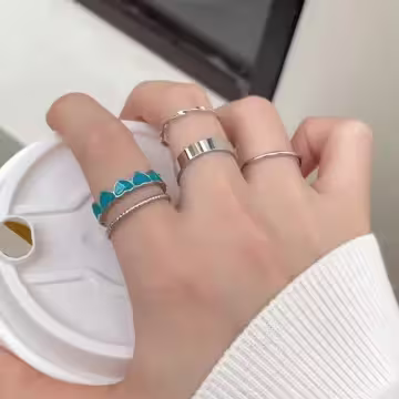 綠心雅優龐克×五套件戒指組×銀色 