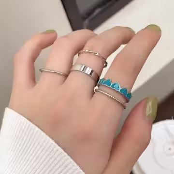 綠心雅優龐克×五套件戒指組×銀色 