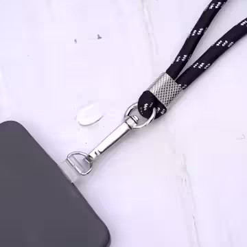 可調節雙環×銀色×銀蔥黑色布滌綸繩×手機斜背雙勾掛繩×銀黑色