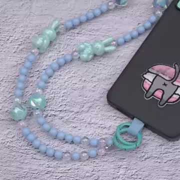 兔兔糖果圓珠×手機斜背雙勾掛繩×藍色