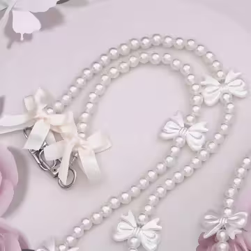 緞帶蝴蝶結珍珠×手機斜背雙勾掛繩