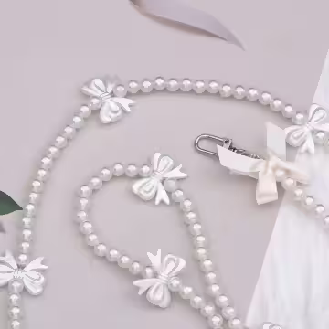 緞帶蝴蝶結珍珠×手機斜背雙勾掛繩