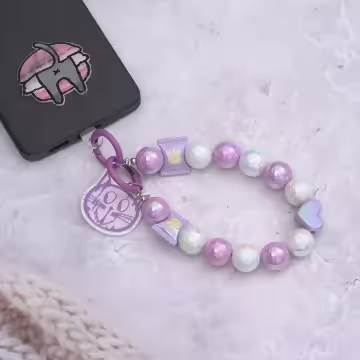 紫色愛心糖果貓咪吊牌×手機腕帶掛繩