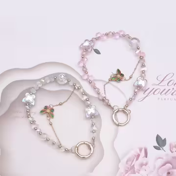 彩蝶水晶串珠×手機腕帶掛繩×粉紅