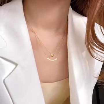 316鋼飾×雙層微笑小桃心×鎖骨項鍊×金色