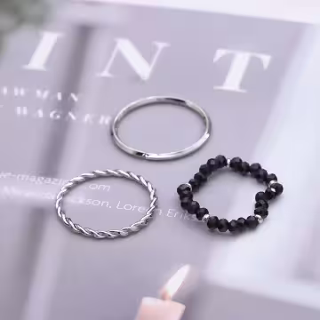 玫瑰黑晶串珠×五套件戒指組×銀色