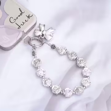 銀色玫瑰花蝴蝶結×手機腕帶掛繩