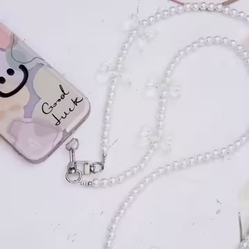透明蝴蝶結×白色珍珠×手機斜背雙勾掛繩