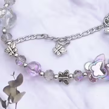 彩蝶水晶串珠×手機腕帶掛繩×紫色