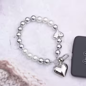 大愛心銀白金屬×手機腕帶掛繩