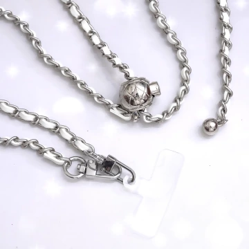 白銀小香風鍊條金屬球×手機斜背雙勾掛繩×白銀.avif