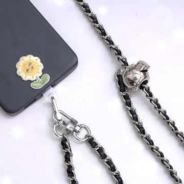 黑銀小香風鍊條金屬球×手機斜背雙勾掛繩×黑銀.avif
