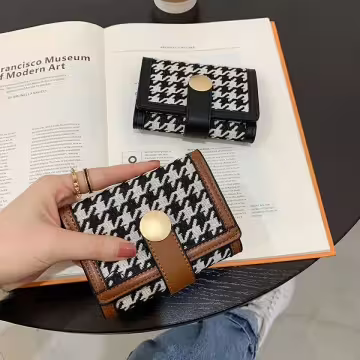 千鳥紋布面皮革×三折短皮夾×棕咖