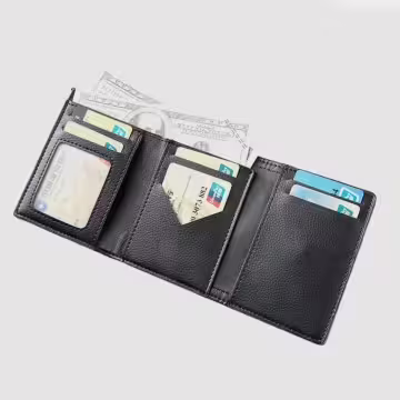 千鳥紋布面皮革×三折短皮夾×黑色