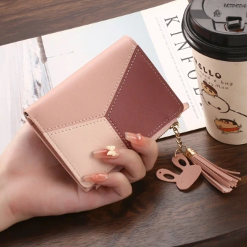 撞色拼接皮革×對折拉鍊短皮夾×粉紅.avif