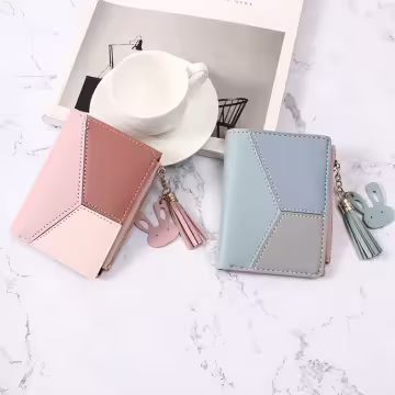 撞色拼接皮革×對折拉鍊短皮夾×藍色