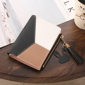撞色拼接皮革×對折拉鍊短皮夾×黑色.avif