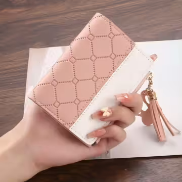菱紋壓線×對折拉鍊短皮夾×粉紅