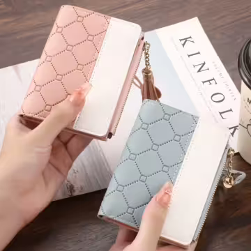 菱紋壓線×對折拉鍊短皮夾×黑色