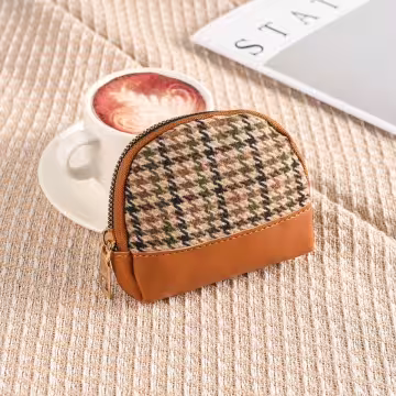 千鳥紋×拉鍊零錢包×棕咖