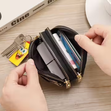 愛心千鳥紋×雙層拉鍊零錢包×黑色