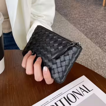 中性質感編織皮革×拉鍊零錢包×黑色