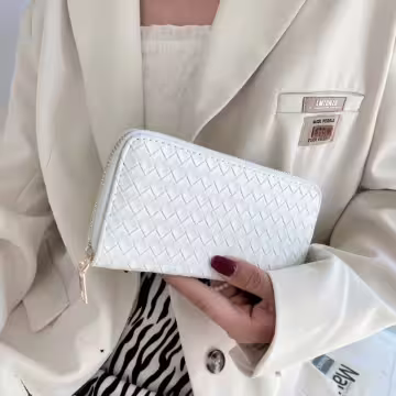 大編紋格紋×拉鍊長皮夾×白色