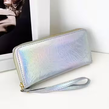 爆裂紋亮面×手拿拉鍊長皮夾×銀色