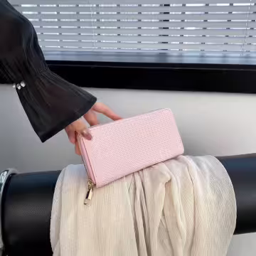 細編交織紋×拉鍊長皮夾×粉紅