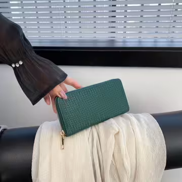 細編交織紋×拉鍊長皮夾×綠色