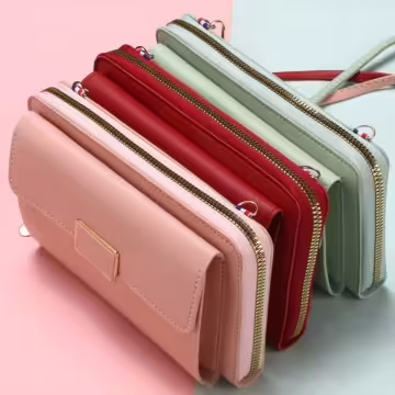 雙層口袋皮革×可斜背×手機拉鍊長皮夾×棕咖