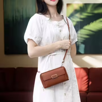 雙層口袋皮革×可斜背×手機拉鍊長皮夾×棕咖