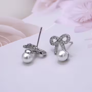 925銀針×珍珠晶鑽蝴蝶結×耳針