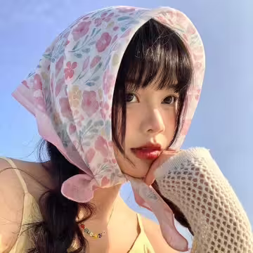 粉紅小碎花×絲巾×四角頭巾