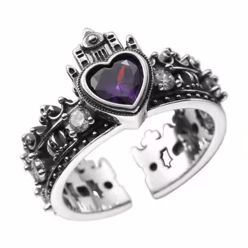 美式&times;復古&times;紫色鋯石&times;愛心皇冠&times;開口戒指