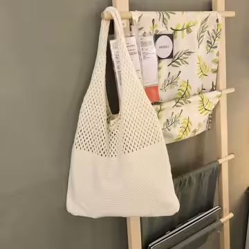 素色拼接鏤空針織×肩背包×米白