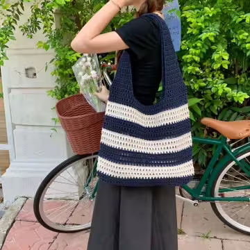 條紋拼接鏤空針織×肩背包×深藍