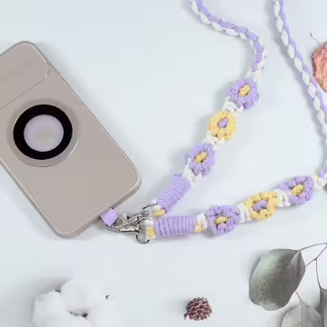 粗麻辮小花朵&times;手機斜背雙勾掛繩&times;紫黃