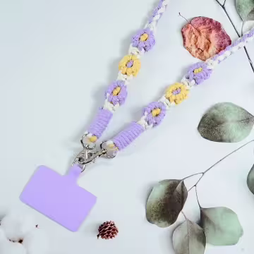 粗麻辮小花朵&times;手機斜背雙勾掛繩&times;紫黃