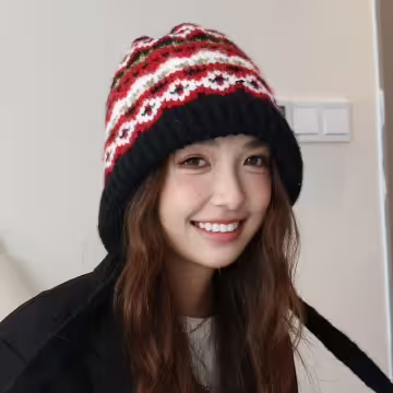 費爾島毛線格紋×毛帽×黑紅