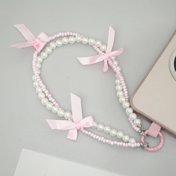 芭蕾風蝴蝶結珍珠&times;雙層手機腕帶掛繩&times;粉色.avif