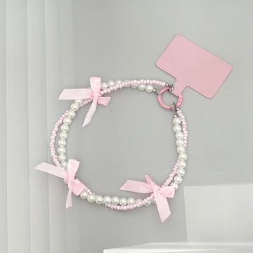 芭蕾風蝴蝶結珍珠&times;雙層手機腕帶掛繩&times;粉色.avif